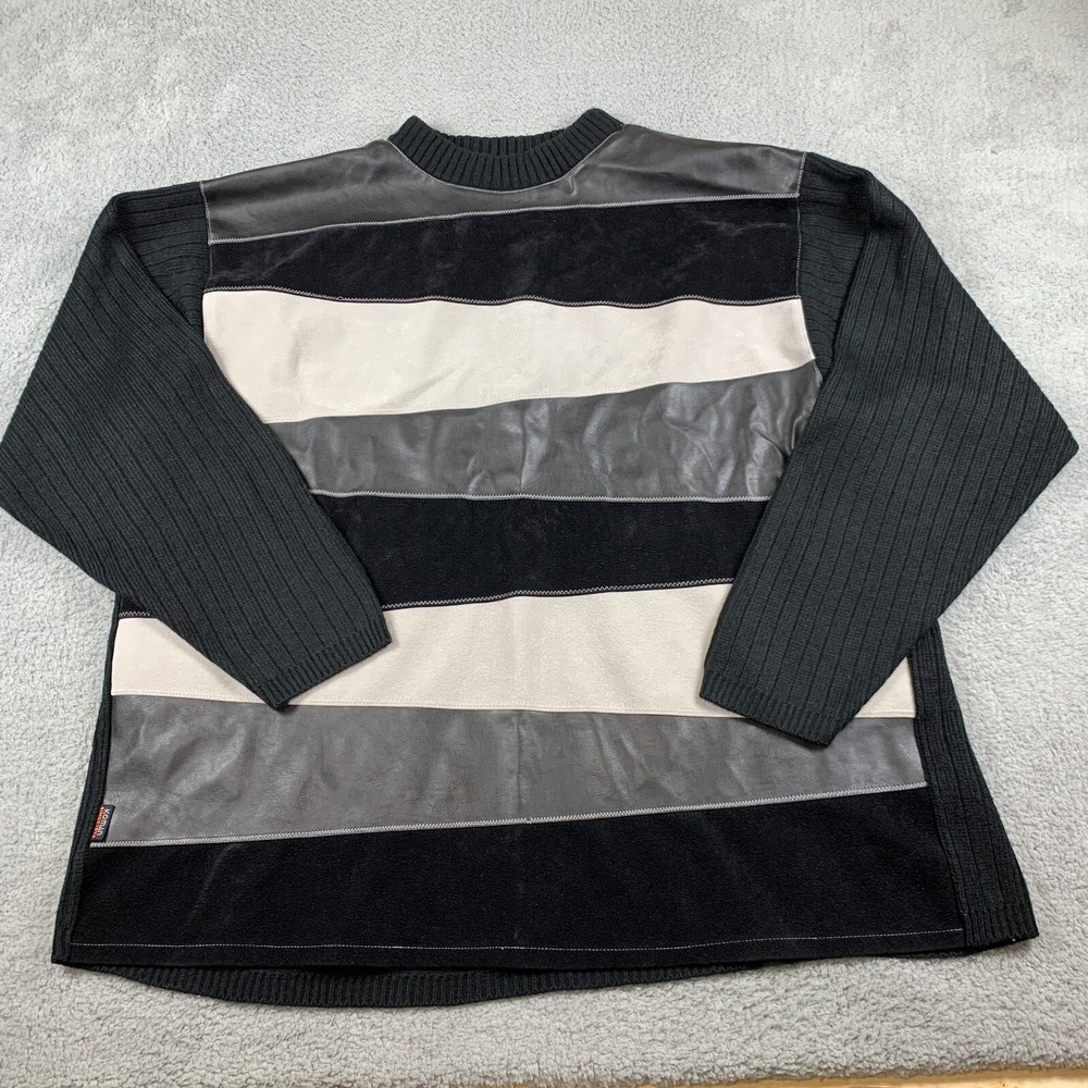 Vintage KOMAN Sport Sweater Men 3XL Black Faux Leather Striped Front 90's Street